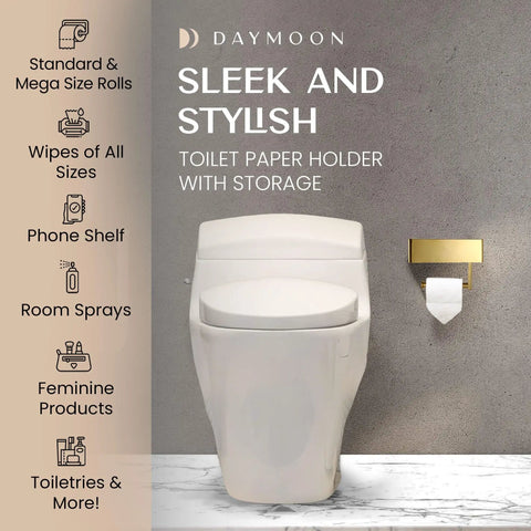 Toilet Paper Holder With Shelf Wall Mount In Gold For Modern Bathrooms next to toilet, easy install, stylish design