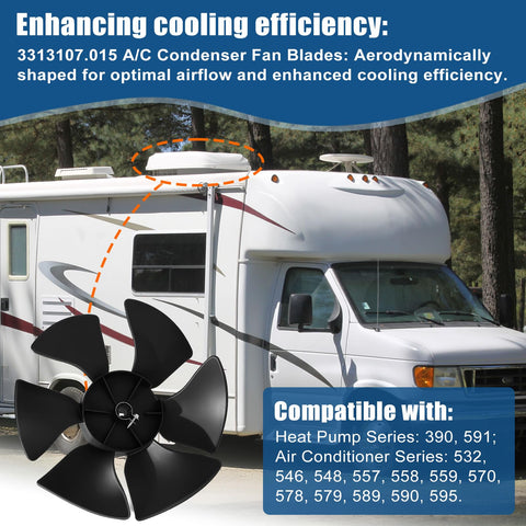 RV Air Conditioner Fan Blade Replacement Compatible With Dometic Brisk And Duo Therm RV Heat Pump And Air Conditioning Models Condenser Fan Blade shown near RV for airflow efficiency.