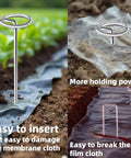 Heavy Duty 6 Inch Galvanized Landscape Stakes With Circle Top Pins 8 Gauge Zero Point Sixteen Inch Thick Ground Anchors installed in soil and film cloths.