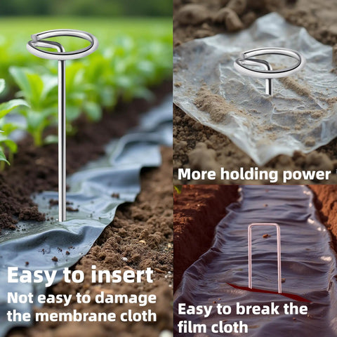 Heavy Duty 6 Inch Galvanized Landscape Stakes With Circle Top Pins 8 Gauge Zero Point Sixteen Inch Thick Ground Anchors installed in soil and film cloths.