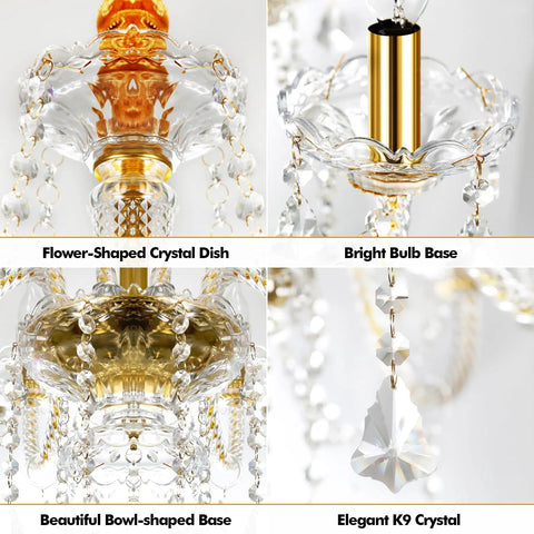 Gold Color Luxurious Crystal Chandelier With K9 Crystal Drops, Modern Pendant Light Fixture, flower-shaped crystal dish