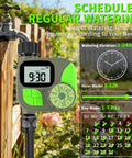 Smart Sprinkler Timer For Garden Hose With Rain Delay And Manual Mode on outdoor faucet, LCD showing 9:30, adjustable settings visible