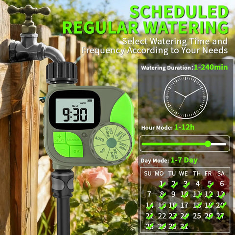 Smart Sprinkler Timer For Garden Hose With Rain Delay And Manual Mode on outdoor faucet, LCD showing 9:30, adjustable settings visible