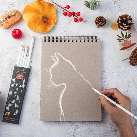 White Charcoal Pencils Drawing Set, Go To Pro Grade 6 Piece Sketch Kit For Highlights, Shading, Blending On Dark Paper