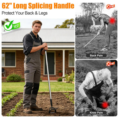 Man using Two In One Heavy Duty Garden Hoe With Sixty Inch Adjustable Handle, showing ergonomic benefits for reducing back strain.