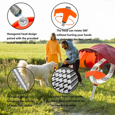 8 Inch Heavy Duty Screw In Tent Stakes 12 Pack With Hex Socket And Storage Case Drill In Ground Anchors For Camping