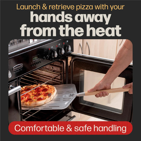 Hans Grill Pizza Peel PRO perforated metal paddle with wooden handle used to launch a pizza into an oven