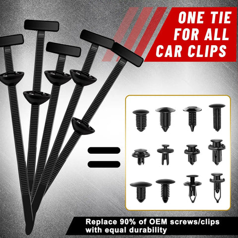 Universal Nylon Cable Tie Buckles 300 Pack Self Locking T Rivets Kit shown with car fasteners display
