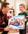 Father and son with box of 4 Tier Race Track Puzzle Set With 3 Cars For Kids Ages 3 To 8, Hands On Educational Floor Car Game