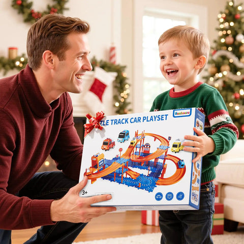 Father and son with box of 4 Tier Race Track Puzzle Set With 3 Cars For Kids Ages 3 To 8, Hands On Educational Floor Car Game