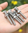 Kickass 10 Pack Of 1/4-20 X 2 Inch Stainless Steel Hex Bolts And Nuts With Washers in hand, showcasing rust-resistant hardware.