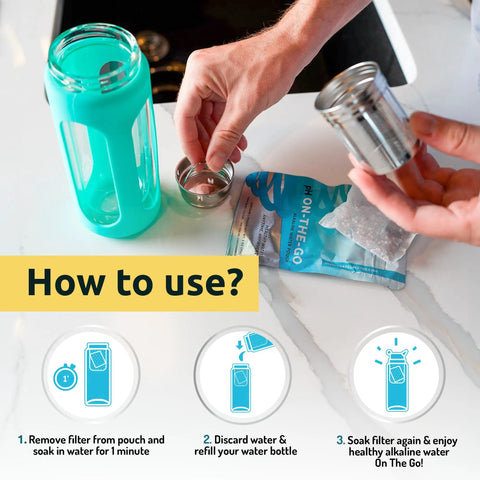Person using Grab-And-Go Portable Alkaline Water Filter Pouch For Bottles, Jugs, And Pitchers, High pH Water Alkalizer 3-Pack