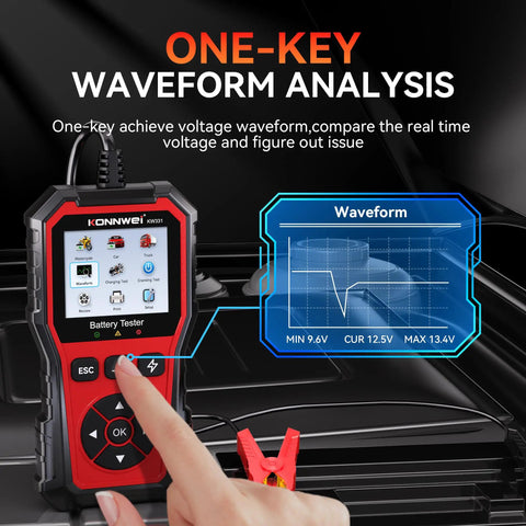Universal 6V 12V 24V Car Battery Tester With Cloud Report For Quick Health Check Voltage Readout Charge Status And Cranking And Charging System Diagnostics In One Handy Automotive Tool, waveform analysis display