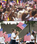 Crowd waving 50 Pack 8x12 Inch American Flags On Sticks With Solid Wooden Poles And Safety Spear Tips at a parade.