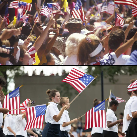 Crowd waving 50 Pack 8x12 Inch American Flags On Sticks With Solid Wooden Poles And Safety Spear Tips at a parade.