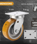 Extra Heavy Duty Kingpinless Swivel Plate Casters With 8 Inch Polyurethane Over Iron Wheels Deliver 16000 Lbs Load Rating Four Pack Setup dimensions and measurements.