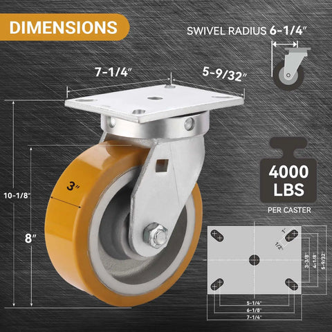 Extra Heavy Duty Kingpinless Swivel Plate Casters With 8 Inch Polyurethane Over Iron Wheels Deliver 16000 Lbs Load Rating Four Pack Setup dimensions and measurements.