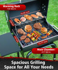 Barrel Charcoal Grill With Side Table, detailed view of open grilling space with food on racks, measuring dimensions highlighted