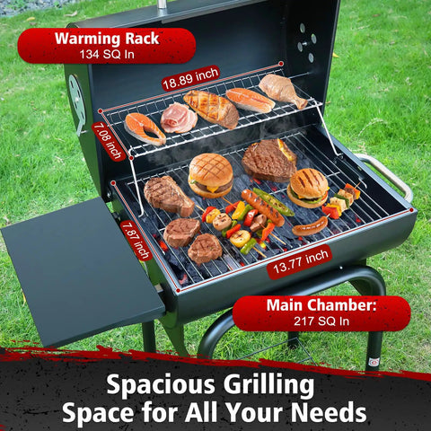 Barrel Charcoal Grill With Side Table, detailed view of open grilling space with food on racks, measuring dimensions highlighted