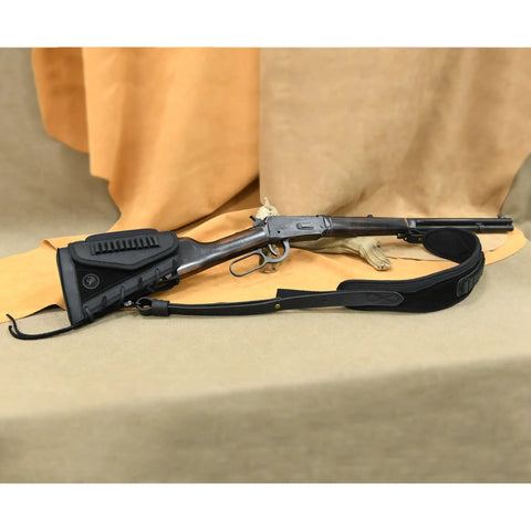 Rifle with Durable Leather Rifle Stock Cover With Built In Recoil Pad And Cartridge Sling For Calibers Including.357.30-30.45-70 Mag.