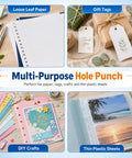 Four Piece Mini Hole Punch Kit With Comfy Soft Grip Handles 1/4 And 1/8 Inch Sizes In Solid Bright Shades on a crafting table.
