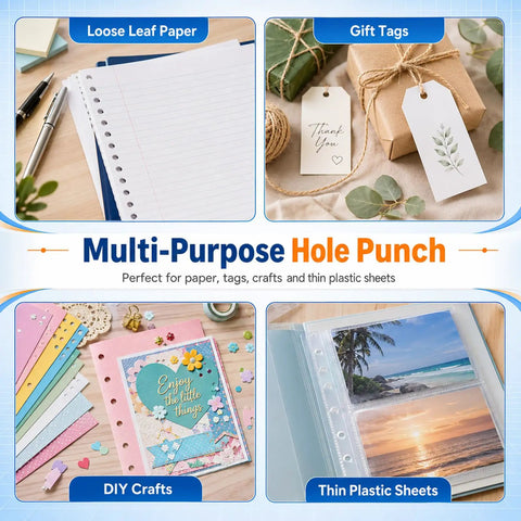 Four Piece Mini Hole Punch Kit With Comfy Soft Grip Handles 1/4 And 1/8 Inch Sizes In Solid Bright Shades on a crafting table.