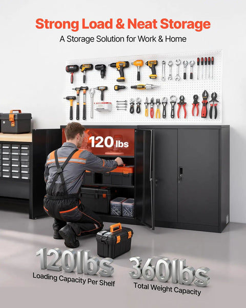 Sturdy 41.7 Inch Metal Storage Cabinet With 3 Tiers, 2 Adjustable Shelves, Lockable Magnetic Doors And 2 Keys, Heavy-Duty Steel Garage Pantry For Workshop, Basement, Office, Black showing open doors and 120 lb shelf load