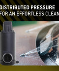 Premium Quality Heavy Duty Automotive Replacement Windshield Washer Fluid Spray Pump with water spray on a car surface.