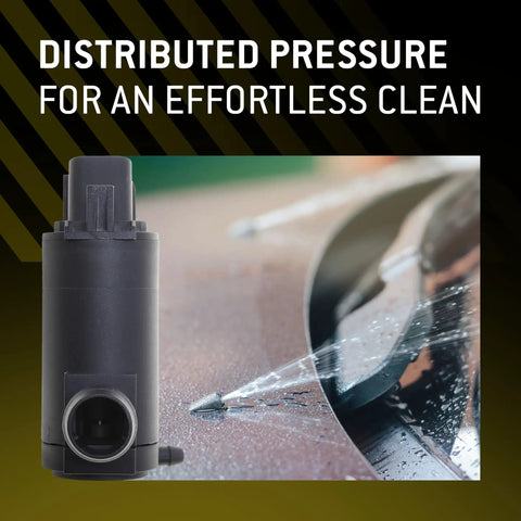 Premium Quality Heavy Duty Automotive Replacement Windshield Washer Fluid Spray Pump with water spray on a car surface.