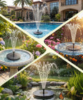 Collage of 2.5W Solar Bird Bath Fountain Pump With 6 Nozzle Patterns, showcasing use in a pool, bird bath, and garden pond.