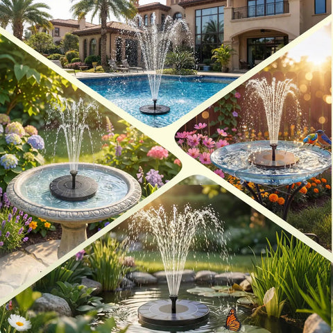 Collage of 2.5W Solar Bird Bath Fountain Pump With 6 Nozzle Patterns, showcasing use in a pool, bird bath, and garden pond.