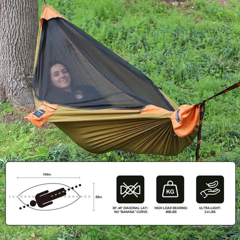 Ultralight Camping Hammock With Integrated Mosquito Net And Tree Straps Quick Setup Backpacking Hammock In use outdoors