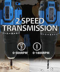 Dual-speed Cordless Drill Set With Brushless Motor 20V Max Drill Driver Kit in action at 0-500RPM and 0-1800RPM speeds