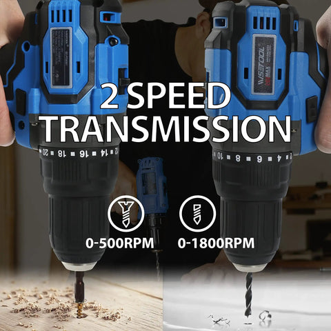 Dual-speed Cordless Drill Set With Brushless Motor 20V Max Drill Driver Kit in action at 0-500RPM and 0-1800RPM speeds