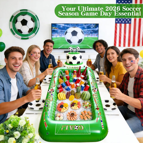 Soccer Themed Inflatable Serving Bar For Pool Parties And Tailgates 53 Inch Floating Cooler And Buffet Tray For Drinks And Snacks