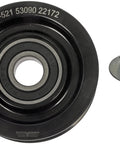 Accessory drive belt idler pulley with mounting bolt; black metal pulley with bearing