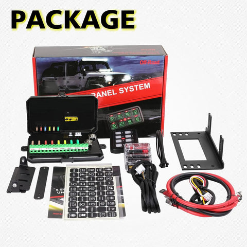 8 Gang Switch Panel For Trucks, SUVs, UTVs And Boats with wiring harness and accessories package contents displayed