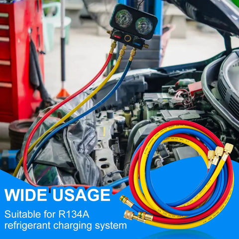 Five Foot Pro Grade AC Manifold Gauge Hose Kit For R134A Refrigerant Systems With 1/2 Inch SAE Threads And 600 PSI Rating, Three Color Charging Hoses, Flexible 60 Inch Length, Replacement For Standard AC Gauges. R134A hoses on AC manifold gauges