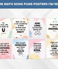 16 Funny Math Posters For High School Classrooms 11x14 Matte Laminated Decor, featuring song-inspired math puns for classroom engagement.