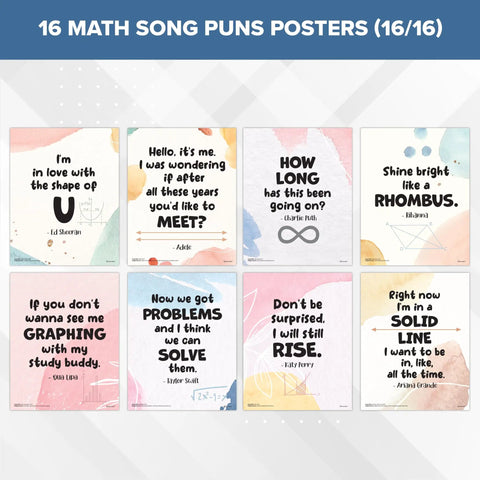16 Funny Math Posters For High School Classrooms 11x14 Matte Laminated Decor, featuring song-inspired math puns for classroom engagement.
