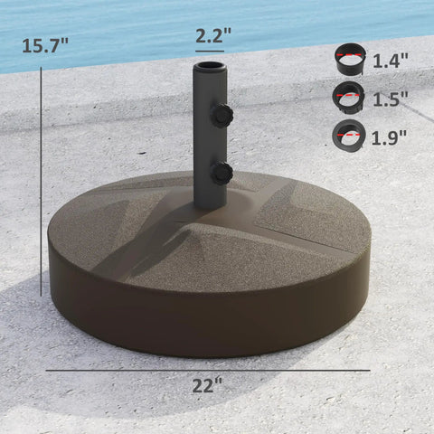 Heavy Duty Patio Umbrella Base Holder Built To Last For Outdoor Use Fillable Up To 66lbs With Stand Or 55lbs With Water Universal Pole Fit 1.4 1.5 Or 1.9 Inch Holds Umbrellas Up To 9.8 Feet Two Adjustable Knobs Brown next to pool