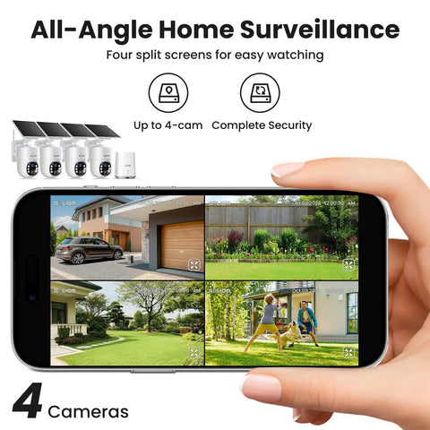 4 Camera Solar Powered Outdoor Wireless Security Kit With No Subscription 5MP Ultra HD on smartphone app display