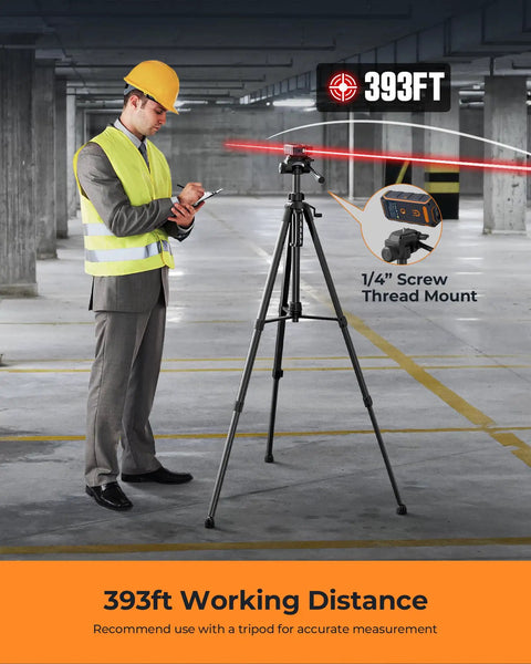 Dual Laser Measuring Tool With Bidirectional And Unidirectional Modes, Measures Up To 393 Feet With Precision, Built For Quick Home Improvement And DIY Projects, Easy One Hand Use on tripod