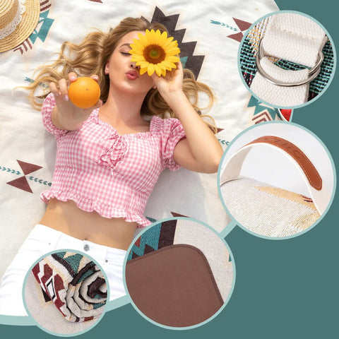 Woman relaxing on 2 In 1 Extra Large Boho Beach Blanket Towel Giant Woven Outdoor Picnic Mat For Camping And Travel