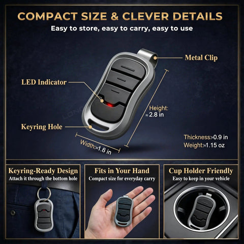 Replacement Intellicode Garage Door Remote For Overhead Openers 1995 G3T R G3T BX G3T A with LED, metal clip, keyring hole.