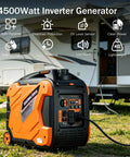 Portable Inverter Generator 4500W Gas Powered Pure Sine Wave For Camping And RV near an RV showing control panel and features.