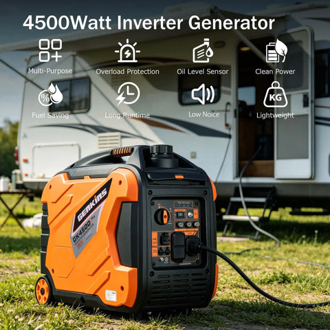Portable Inverter Generator 4500W Gas Powered Pure Sine Wave For Camping And RV near an RV showing control panel and features.