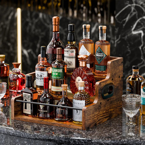Three Tier Wooden Liquor Display Shelf For Home Bar 3 Step Countertop Rack For Bottles Whiskey Vodka And Spirits Retro Style Mini Bar Organizer Sturdy Wood Stand showcasing various liquor bottles