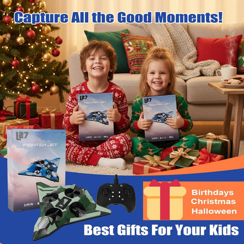 Two children with gifts next to foam remote control airplane, perfect for birthday parties, RC plane toy 2.4GHz fighter model visible