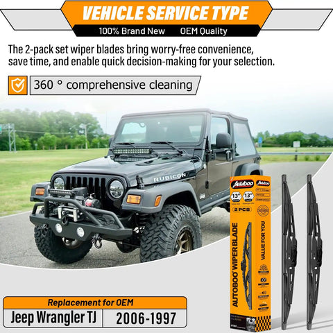 Jeep Wrangler TJ 13 Inch Wiper Blades Replacement Front Windshield All Weather Direct Fit Easy Install Pack Of 2 Original Factory Quality 1997 1998 1999 2000 2001 2002 2003 2004 2005 2006